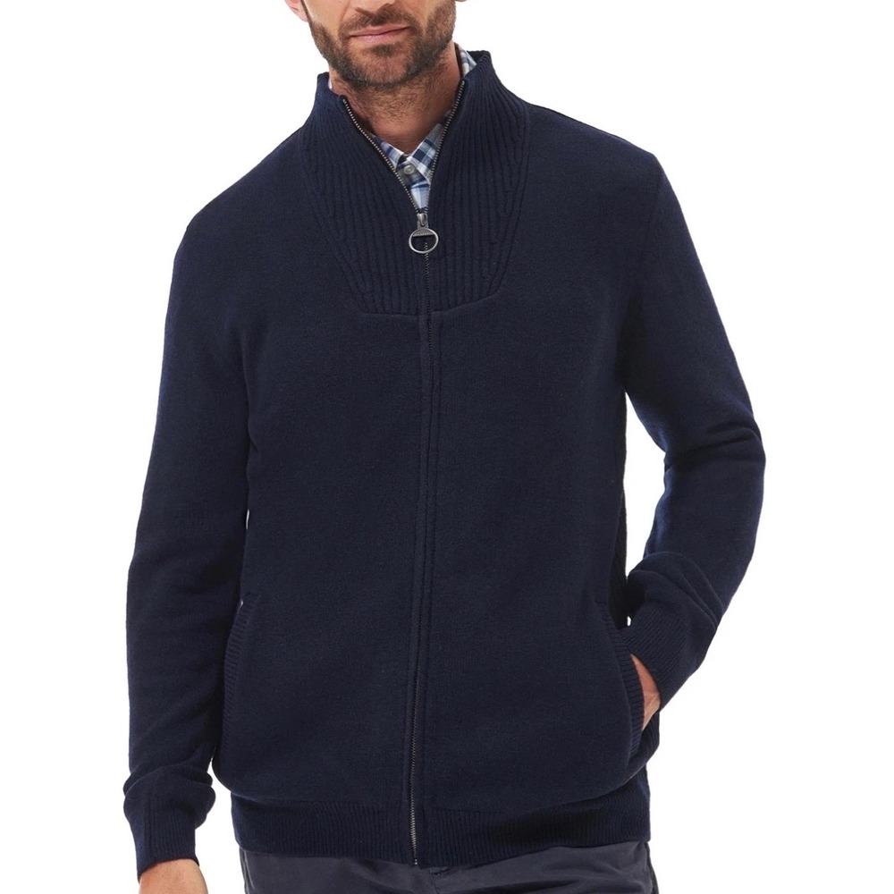 Barbour Nelson Wool Full Zip Cardigan Mens L Navy Blue EUC Cable Knit Luxury